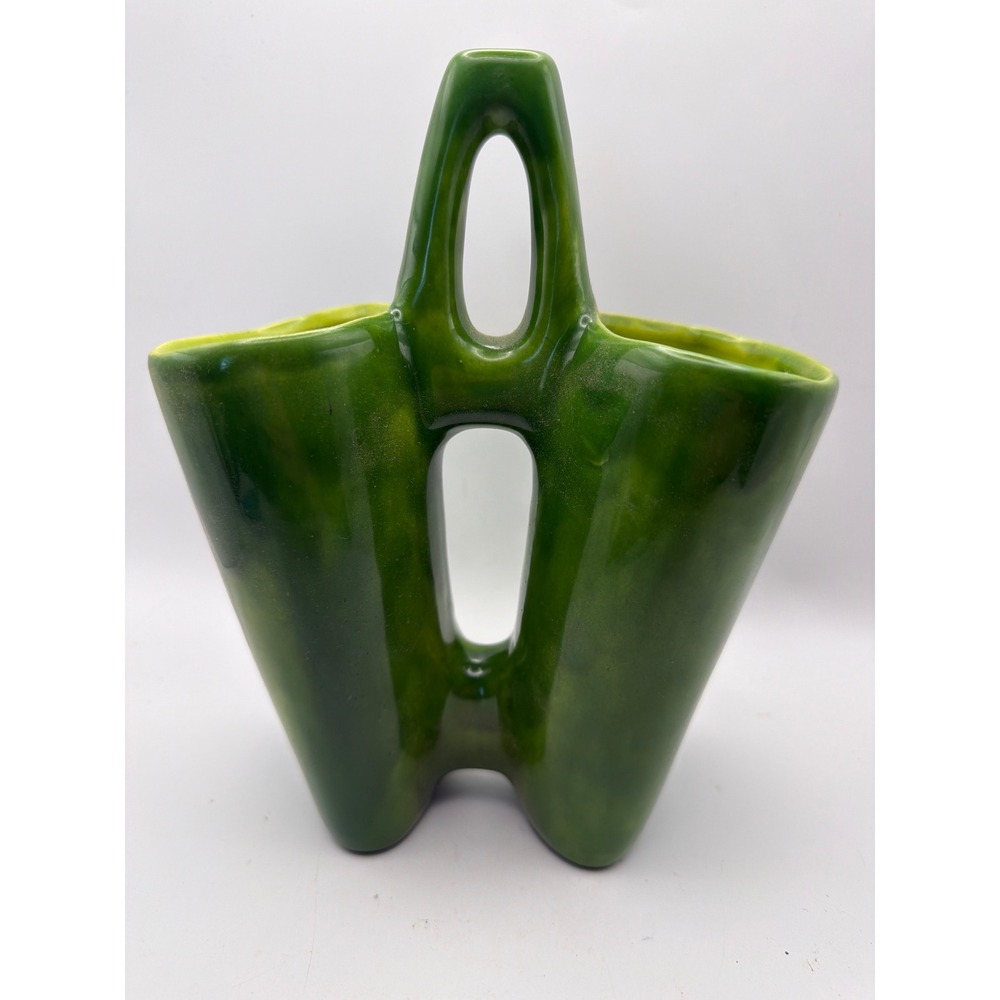 Vintage Mid Century Modern Green Ceramic Double Vase Pierced Handle MCM Art Pot